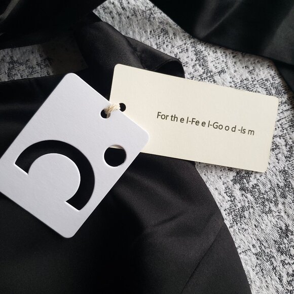 Shiny Black Satin Commense Flare Skirt Dress w Apron Front + Neck Ribbon - Picture 14 of 16